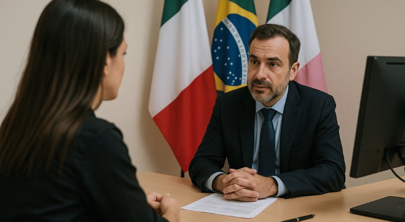 A imagem mostra uma pessoa sendo atendida em um consulado italiano. O atendente, trajando terno escuro, conversa de forma séria com a solicitante. Ao fundo, estão dispostas três bandeiras: da Itália, do Brasil e do Espírito Santo, representando a conexão internacional do local