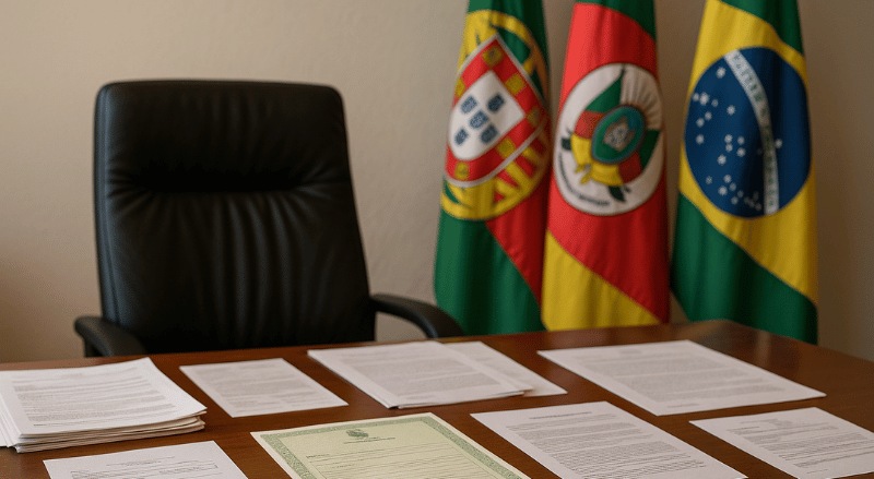 uma mesa de cartório com diversos documentos e certidões organizados sobre ela. Ao fundo, uma cadeira preta e, atrás dela, estão posicionadas três bandeiras: de Portugal, de Porto Alegre e do Brasil