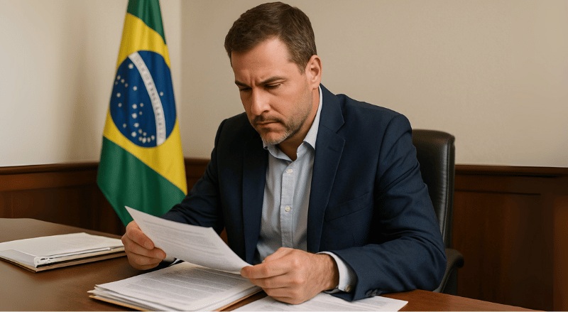 Funcionário de cartório concentrado na análise de documentos em sua mesa, com a bandeira do Brasil ao fundo, em um ambiente institucional e bem iluminado