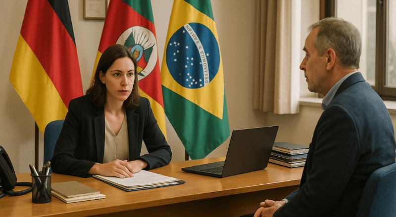 um escritório de consulado com ambiente institucional, onde uma mulher e um homem conversam formalmente