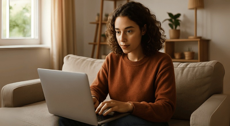 Uma jovem sentada no sofá de casa, usando um laptop, em um ambiente iluminado naturalmente e aconchegante