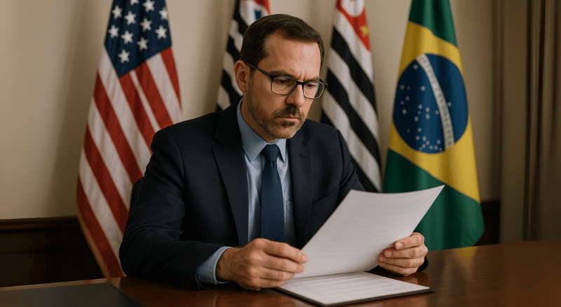 Funcionário do consulado analisando atentamente um documento em ambiente oficial