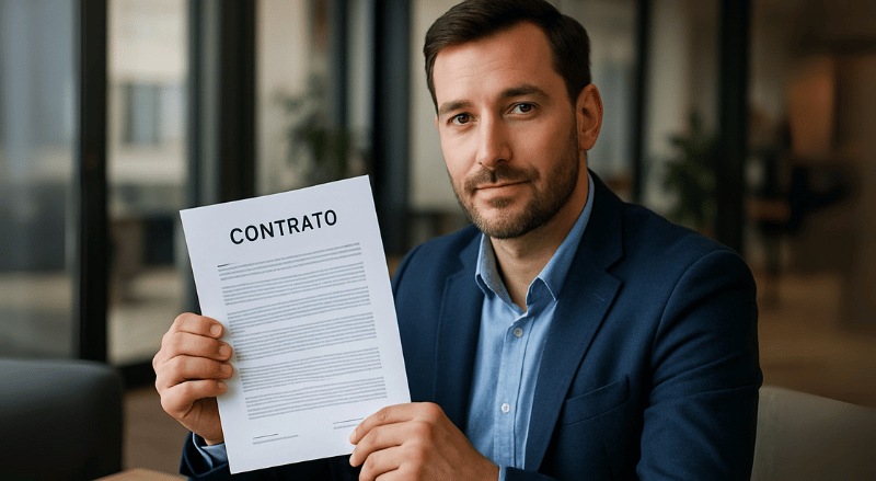A imagem mostra uma pessoa em ambiente corporativo, segurando um contrato com expressão séria e profissional, em clima institucional