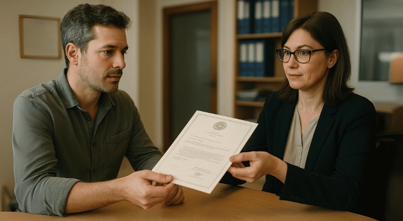 Uma pessoa recebe uma certidão das mãos de uma funcionária de cartório em um ambiente institucional, com expressão atenta e iluminação suave