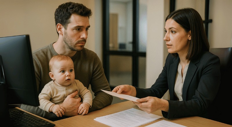 Um pai segura seu bebê enquanto é atendido por uma funcionária em um cartório, em ambiente interno com iluminação suave e natural