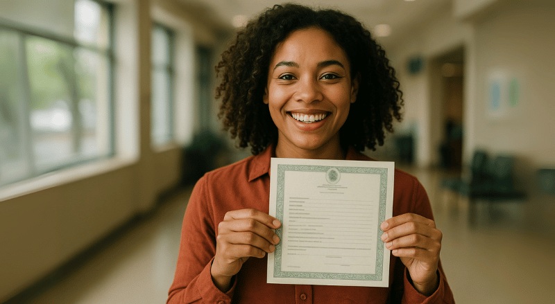 Pessoa sorridente segura sua certidão em um ambiente interno iluminado naturalmente, transmitindo alegria e conquista