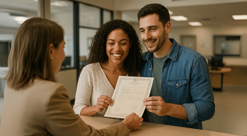 Casal sorridente recebe sua certidão de casamento de uma funcionária do cartório, em ambiente interno bem iluminado e profissional.