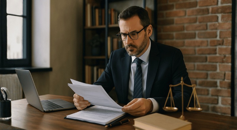 Uma cena realista mostrando um advogado em seu escritório, concentrado enquanto analisa documentos de um inventário sobre a mesa, com iluminação suave e ambiente profissional ao fundo