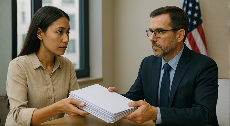 Uma pessoa entrega uma pilha de documentos de imigração a um funcionário do consulado, ambos sentados frente a frente, em um ambiente oficial iluminado por luz natural