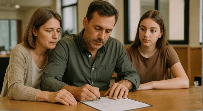 um casal assinando um documento em cartório, com a filha adolescente de 16 anos ao lado observando atentamente