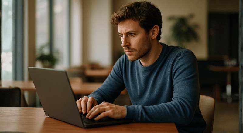 Pessoa concentrada usando um laptop em ambiente interno bem iluminado, com luz natural suave, transmitindo foco e profissionalismo