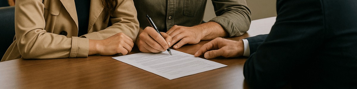 casamento consular um casal sentado lado a lado em uma mesa de consulado, assinando um documento sob a orientação de um funcionário