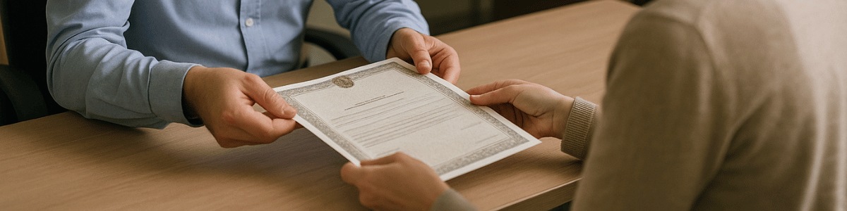 posso pedir certidão de nascimento em qualquer cartório Uma cena em cartório mostrando um funcionário entregando uma certidão a uma pessoa