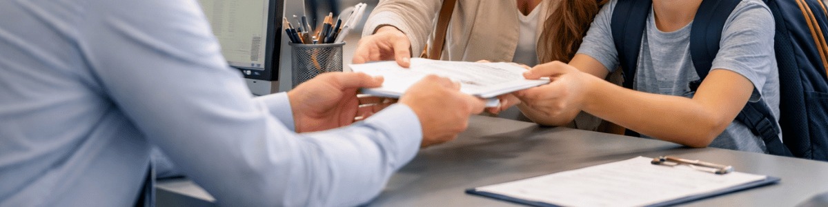 documentação pensão por morte Mãe e filho entregam documentos a um funcionário da previdência social em um ambiente institucional, com expressão de confiança e atendimento humanizado, sob iluminação natural e enquadramento discreto