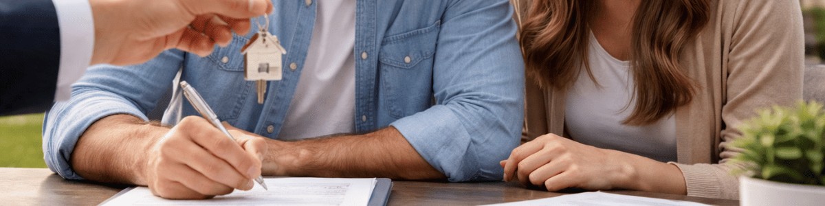 escritura de permuta Uma pessoa assina um documento enquanto recebe a chave de uma casa das mãos de outra pessoa, com uma residência ao fundo. A cena transmite o momento da conquista do imóvel, com iluminação natural e ambiente realista.
