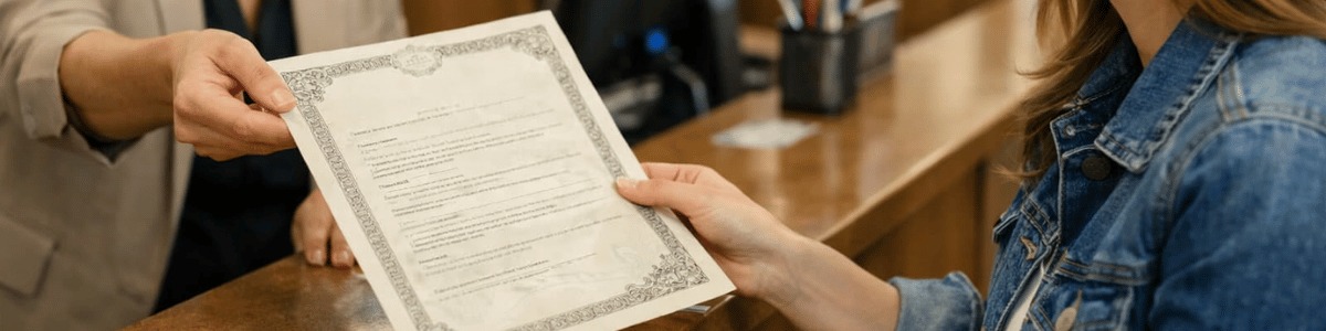 Uma cena realista em ambiente de cartório mostra uma pessoa recebendo uma certidão de um atendente atrás do balcão, com expressão de satisfação e atenção aos detalhes nas mãos e no documento. A iluminação é suave e natural, com enquadramento em plano médio e ângulo levemente lateral, transmitindo um contexto institucional e confiável.