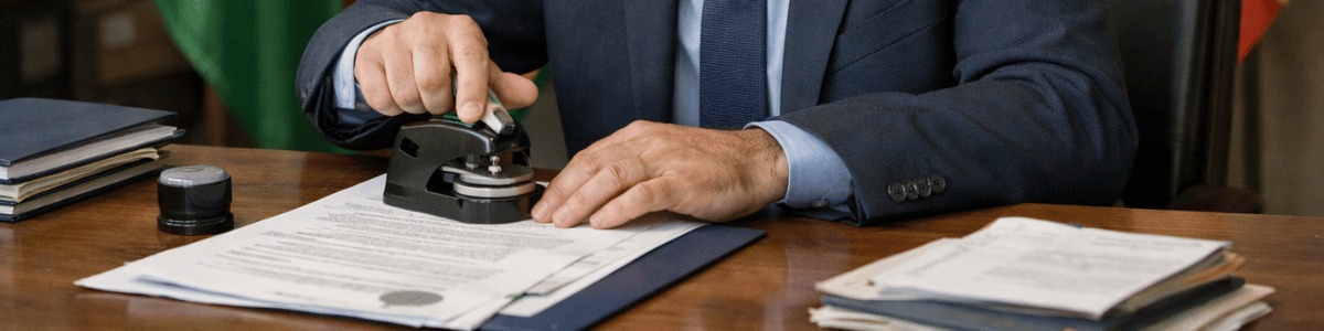 Um tradutor juramentado, vestido de forma formal, aplica cuidadosamente um selo em uma certidão sobre a mesa, em um ambiente de cartório. Ao fundo, bandeiras de diferentes países reforçam o contexto internacional, enquanto a iluminação suave destaca a cena com realismo e profissionalismo.