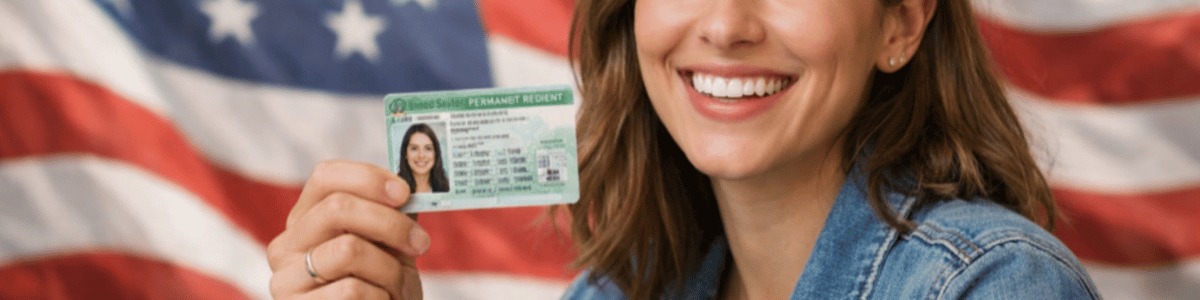 como tirar o Green Card Pessoa sorridente segurando um Green Card em destaque, com uma bandeira dos Estados Unidos ao fundo em movimento, em um cenário iluminado de forma natural e com aparência realista.