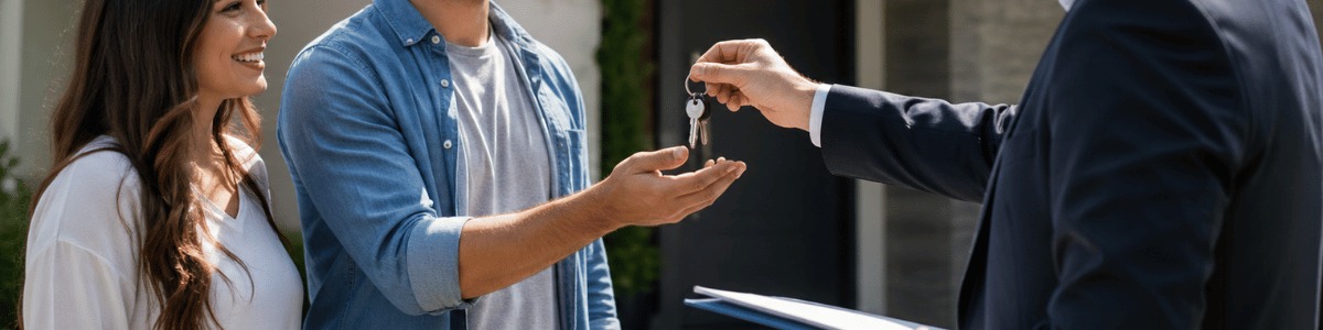 Uma cena realista e envolvente mostra o momento da entrega de documentos e das chaves de uma nova casa, com destaque para a emoção da conquista da casa própria em um ambiente moderno, iluminado naturalmente e com forte apelo institucional