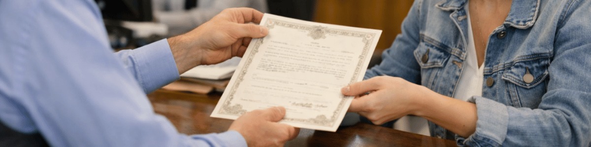 qualquer pessoa pode pedir certidão de nascimento Uma pessoa recebe uma certidão diretamente de um atendente em um cartório, em um ambiente organizado e profissional. A cena mostra interação cordial, com iluminação suave e foco nos detalhes das mãos e expressões, transmitindo confiança e formalidade.