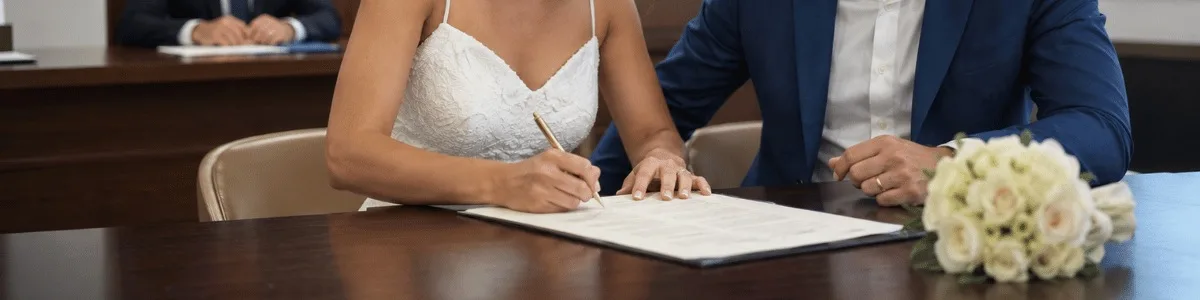 união estável precisa de testemunha Casal sorridente oficializa o casamento civil em um cartório, assinando o documento diante de um atendente, em um ambiente institucional com iluminação suave e aparência realista.