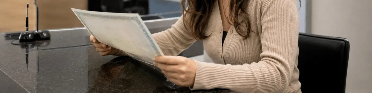Pessoa analisando uma certidão em um cartório, com expressão concentrada e ambiente institucional ao fundo