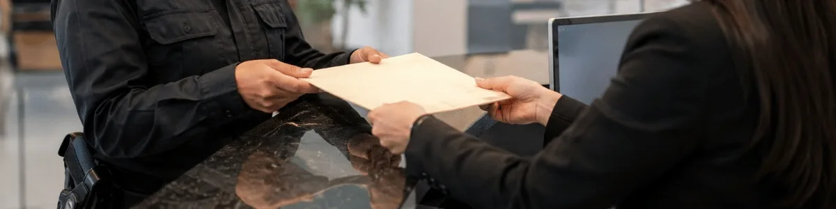 Vigilante recebe uma certidão no balcão de um cartório, em uma cena realista e profissional com iluminação suave