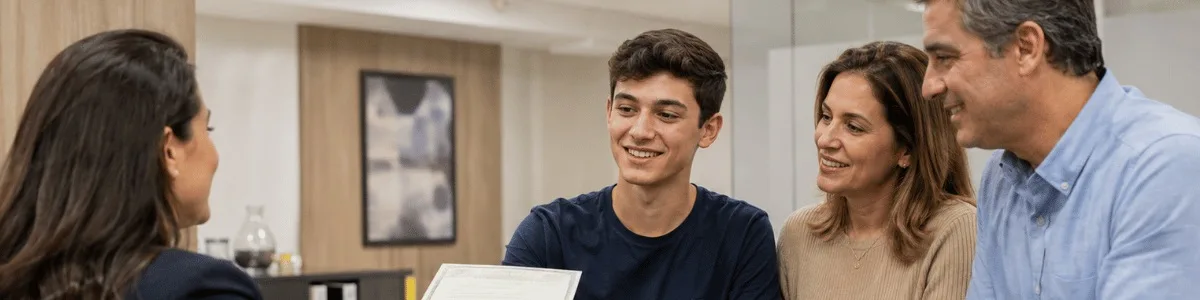 Jovem recebe uma certidão no balcão de um cartório moderno, acompanhado dos pais, em um momento de apoio familiar e expectativa.