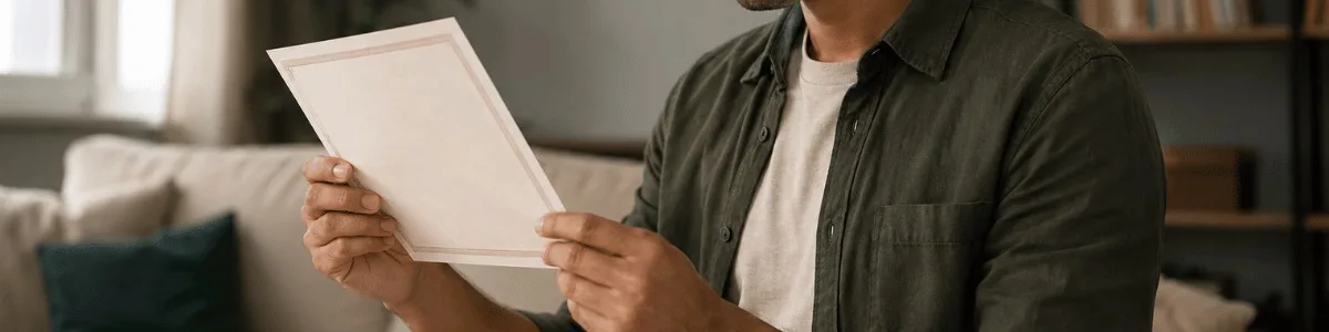 Pessoa analisando uma certidão em casa, com expressão atenta e curiosa, em um ambiente moderno e iluminado por luz natural