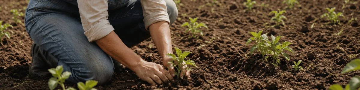 contrato de arrendamento rural simples Pessoa plantando uma muda em um terreno preparado, com expressão concentrada e cenário rural ao fundo, transmitindo cuidado, trabalho no campo e conexão com a terra.