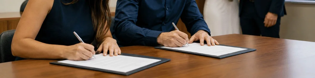 Duas testemunhas assinam documentos de casamento civil em uma mesa de cartório, enquanto ao fundo o casal recém-casado aparece em clima discreto de celebração, criando uma cena realista, institucional e acolhedora.