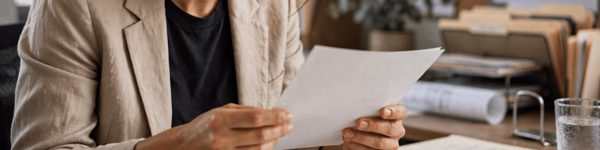 como saber a matrícula do imóvel pessoa conferindo certidão de imóvel com atenção, ambiente de escritório, luz natural suave e plano médio