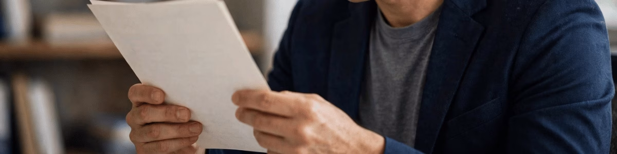 uma pessoa analisando uma certidão em mãos, em plano médio com luz natural suave. O realismo está nos detalhes do rosto concentrado, das mãos segurando o documento e do ambiente institucional