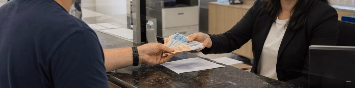 quanto custa para cancelar usufruto Uma pessoa entrega notas de reais a uma atendente atrás do balcão de um cartório, em um ambiente profissional iluminado de forma suave e natural