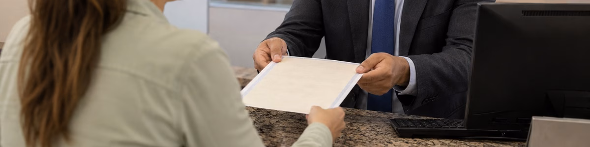 uma pessoa recebendo uma certidão de um funcionário em um cartório, em um atendimento profissional e cordial
