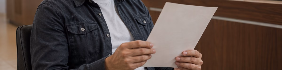 Homem observa atentamente uma certidão recém-recebida em um cartório, em um ambiente profissional, organizado e com iluminação natural