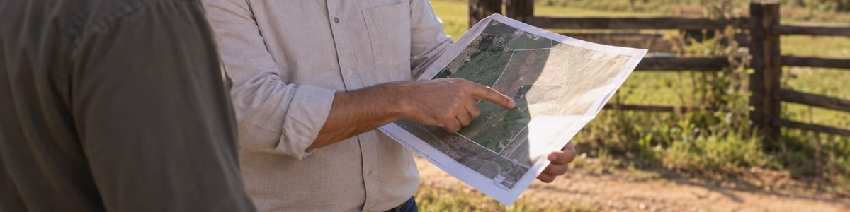 Especialista analisando a planta de um terreno junto a um proprietário rural, em uma propriedade no campo, durante uma negociação de arrendamento de terra