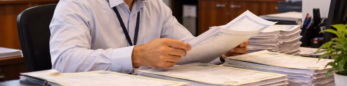 Funcionário de cartório analisa uma pilha de certidões sobre a mesa em um ambiente de escritório organizado e iluminado.