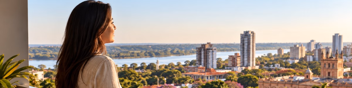 Mulher na sacada de sua residência, contemplando a paisagem urbana de uma cidade do Paraguai, com prédios, árvores e um rio ao fundo.